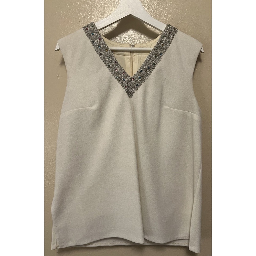 Vtg Eve Le Coq California Blouse Top‎ Sleeveless Faux Jewel Silver Trim 60s 70s
